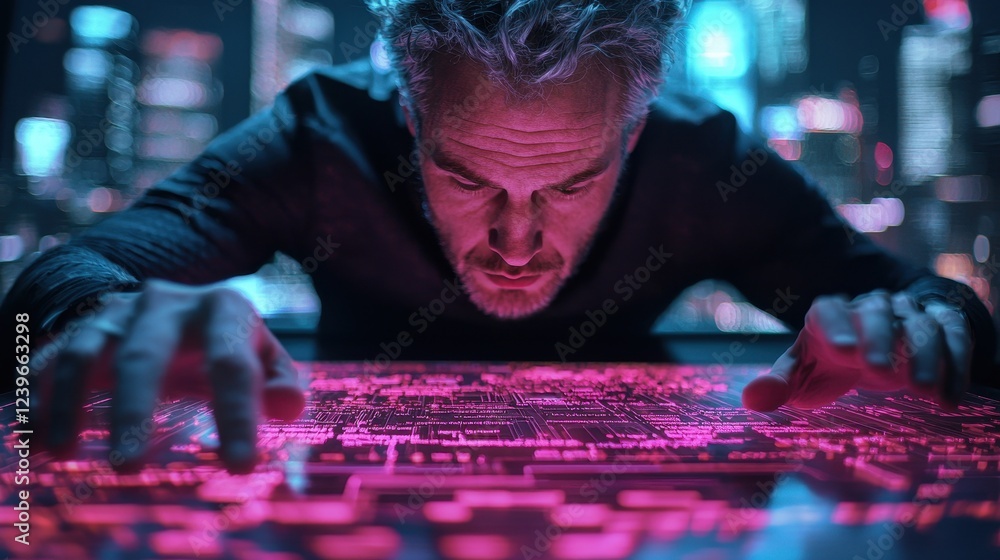Poster futuristic man analyzing digital circuit on interactive touchscreen