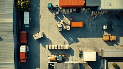 Discover the dynamism of a construction fleet in action, through a bird’s-eye view that highlights bulldozers, excavators, and dump trucks, set to transform the landscape with industrial progress