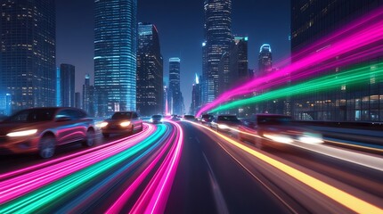 Fototapeta premium Long Exposure Light Trails of Traffic on a Busy City Street at Night with Skyscrapers in the Background, Capturing the Energy and Motion of Urban Life 