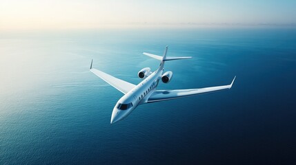 Fototapeta premium A sleek white private jet soars over the serene, vast expanse of an empty sea, with a clear blue sky offering a stunning backdrop.