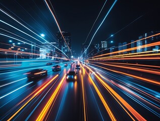 Fototapeta premium Abstract Long Exposure of City Traffic with Colorful Light Trails and Buildings in the Background, Creating a Futuristic and Dynamic Urban Scene at Night 