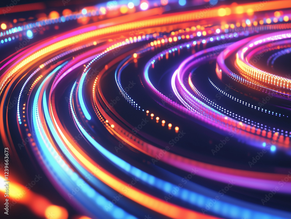 Poster abstract technology background features a vibrant and dynamic display of colorful spiral lines, crea