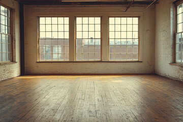 Fototapeta premium An Empty room with large windows, ready for moving in and personalizing