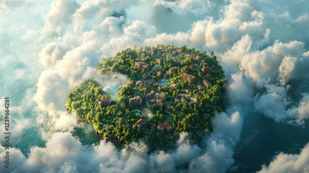 Poster a small island with urban development nestled in lush greenery, surrounded by dramatic clouds, symbo