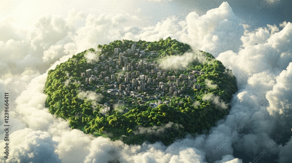 Poster a small island with urban development nestled in lush greenery, surrounded by dramatic clouds, symbo