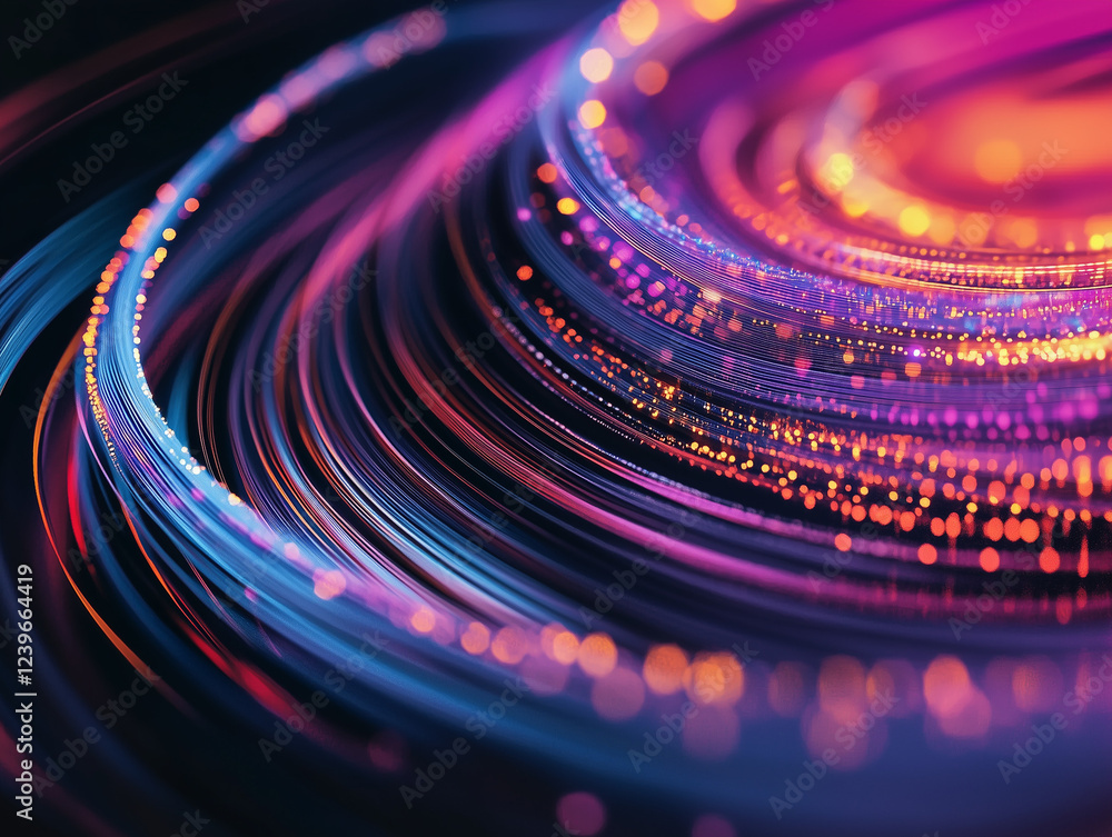 Poster abstract technology background features a vibrant and dynamic display of colorful spiral lines, crea