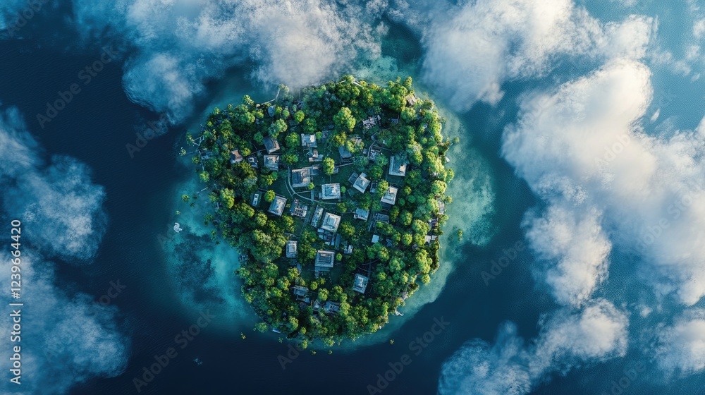 Poster a small island with urban development nestled in lush greenery, surrounded by dramatic clouds, symbo