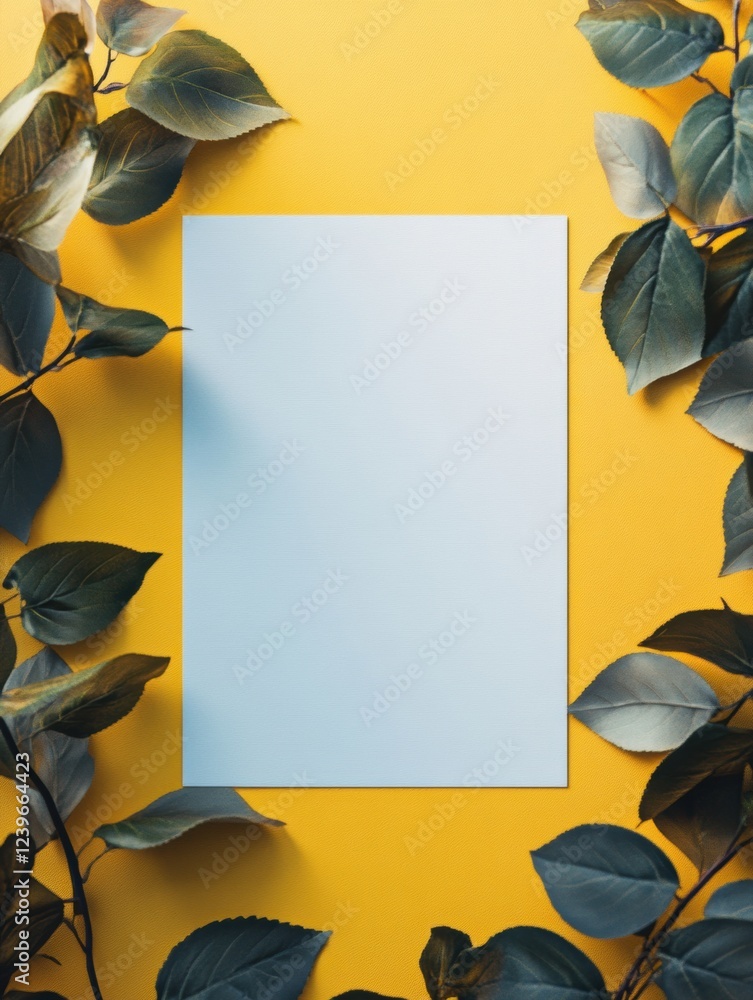 Poster blank paper surrounded by green leaves on a vibrant yellow background inviting creativity. generativ