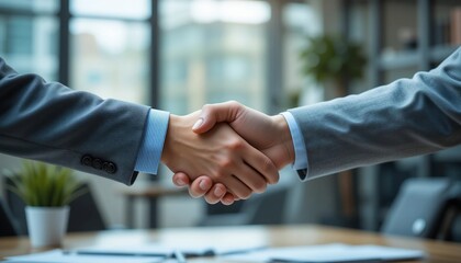 Businesspeople shaking hands agreement deal partnership success contract collaboration office
