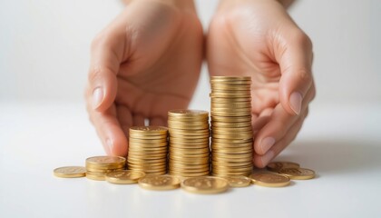 Protecting Financial Growth Hands Safeguarding Stacks of Gold Coins Investment Savings Concept