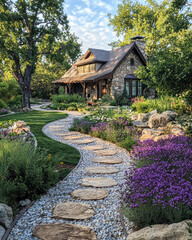 A charming front yard with landscaped pathway, vibrant flowers, and cozy stone house creates serene atmosphere