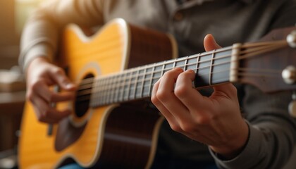 Close up of Person Playing Acoustic Guitar Fingers on Strings Musical Instrument