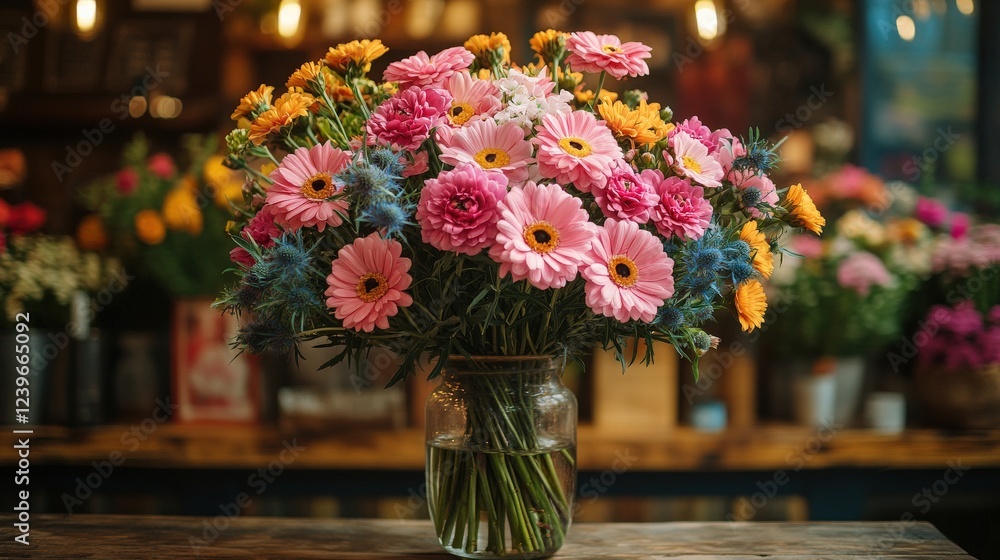 Poster vibrant bouquet of mixed flowers in a rustic setting with soft lighting and blurred background