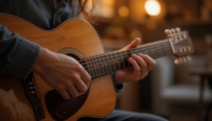 Obraz premium Person Playing Acoustic Guitar Close Up Hands Musical Instrument Wood Warm Lighting