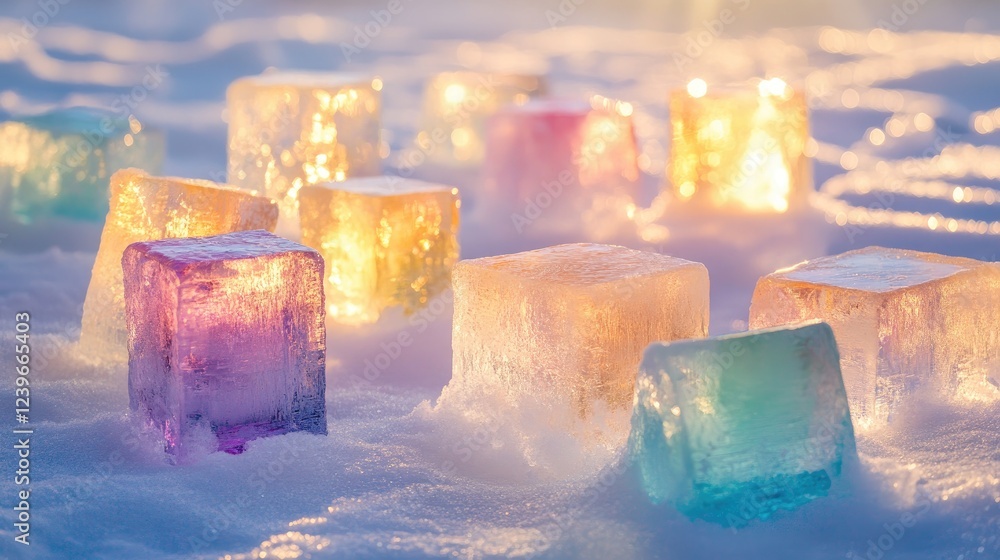 Poster a stunning arrangement of multicolored ice blocks on a snowy surface, with the sunlight reflecting o