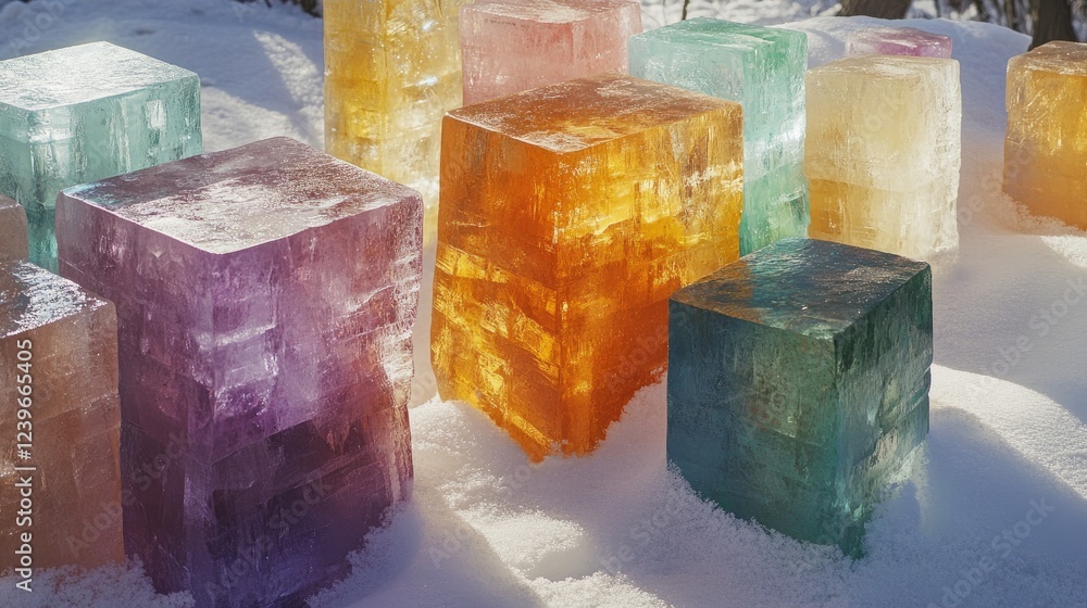 Poster a stunning arrangement of multicolored ice blocks on a snowy surface, with the sunlight reflecting o