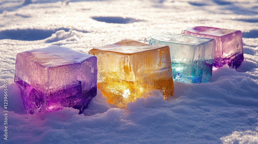 Poster a stunning arrangement of multicolored ice blocks on a snowy surface, with the sunlight reflecting o