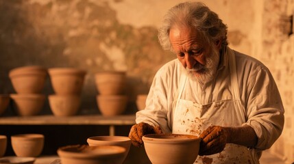 Skilled Elderly Potter Crafting Unique Clay Bowls in Studio