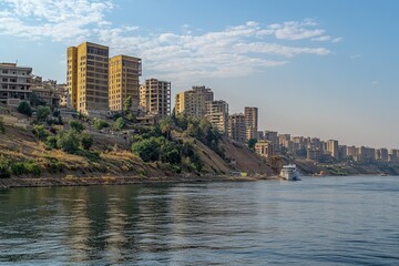 Fototapeta premium On the west coast of the Nile, a boat offers a panoramic view of Aswan city, Egypt, on a sunny day