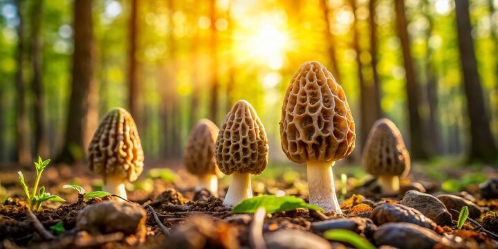 Early Spring Morel Mushrooms in Woodland Setting