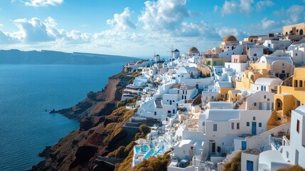 Obraz premium A stunning high-angle view of Oia, Santorini, showcasing the charming whitewashed buildings cascading down the cliffside with the deep blue of the Aegean Sea in the background.