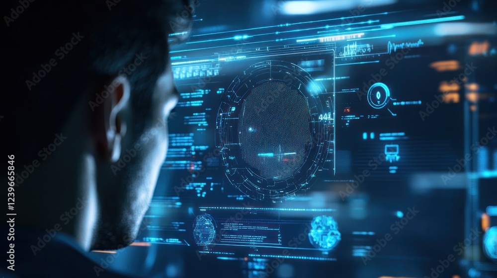 Poster man analyzing complex digital data on holographic screen for security analysis