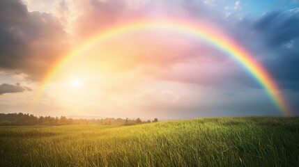 Fototapeta premium A stunning rainbow stretching over a serene grassy field, with sunlight shining through the clouds, bringing warmth to the tranquil scene.