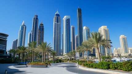 Modern Skyline of Dubai Marina With Palm Trees Under Clear Blue Sky