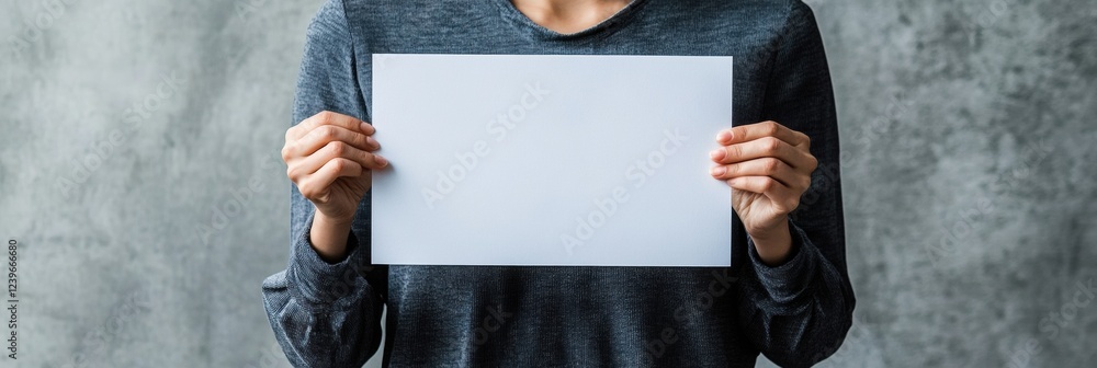 Aufkleber Holding a blank sheet of paper in front of a gray textured wall during a creative brainstorming session. Generative AI