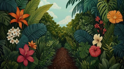 Naklejka premium Lush Tropical Foliage with Vibrant Flowers in a Serene Pathway