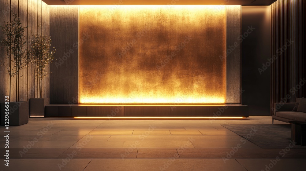 Poster a stylish modern space with a glowing illuminated wall, setting the stage for a minimalist and conte