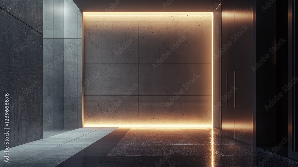 Poster a stylish modern space with a glowing illuminated wall, setting the stage for a minimalist and conte