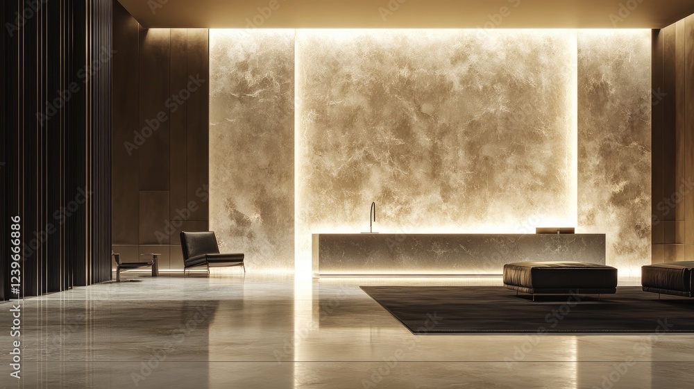 Poster a stylish modern space with a glowing illuminated wall, setting the stage for a minimalist and conte