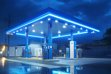 Anime style blue and white gas station illuminated at night with fuel pumps