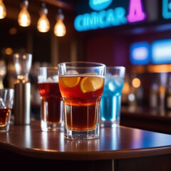 Vaso de té frío con hielo y limón junto a otros vasos uno de ellos con un coctel azul sobre la barra de un bar con neones luminosos