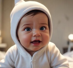Adorable infant in onesie with adorable facial expression,  neutral face,  newborn,  facial expression