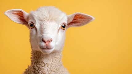 Fototapeta premium Cute lamb portrait, yellow background, farm animal, spring