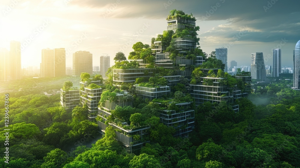 Poster A symbolic representation of urban growth, emerging seamlessly from a lush forest, blending nature with modern development, representing the balance of progress and environment.