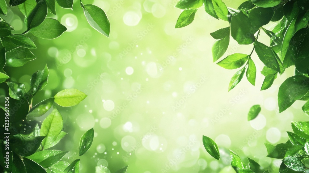 Fototapete Vibrant green leaves frame a bright, softly illuminated background filled with gentle bokeh effects. Generative AI