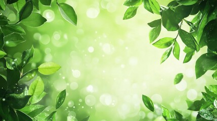 Obraz premium Vibrant green leaves frame a bright, softly illuminated background filled with gentle bokeh effects. Generative AI