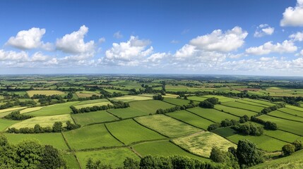 Obraz premium Lush Green Fields Under a Bright Blue Sky with Fluffy Clouds