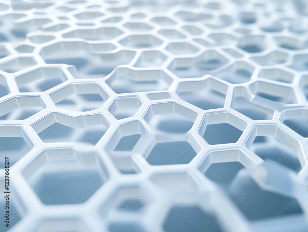 Poster abstract technology background features a striking arrangement of white hexagons, creating a clear a