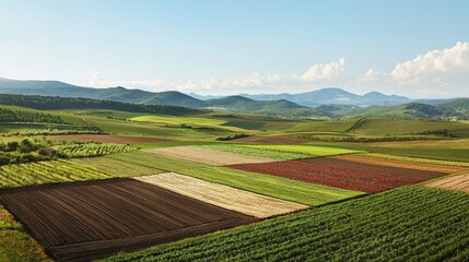 Obraz premium Vibrant Agricultural Landscape with Lush Green Fields and Mountains