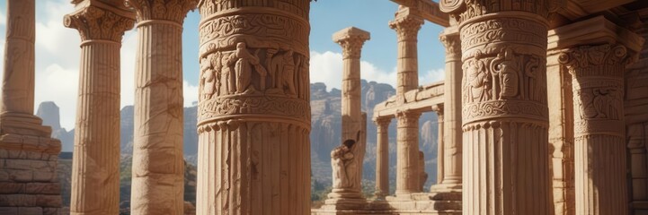 Fototapeta premium Ancient Greek Temple Columns Adorned with Intricate Carvings, details, temple, architecture