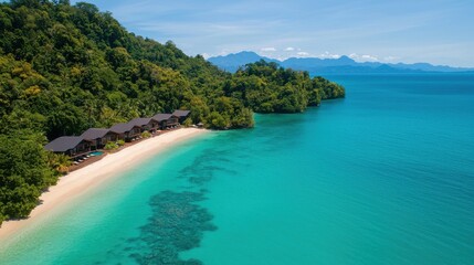 Tranquil Beachfront View of Tropical Resort with Clear Blue Waters