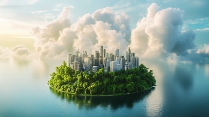 A tiny urbanized island wrapped in vibrant greenery, with dramatic cloud formations overhead, symbolizing a delicate balance between urbanization and nature.