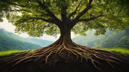 A towering tree with roots that stretch across diverse ecosystems, representing the importance of ecological balance and harmony in the natural world.