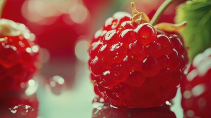 Close-up of fresh red raspberries, a popular fruit known for its sweetness and health benefits. Perfect snack choice.