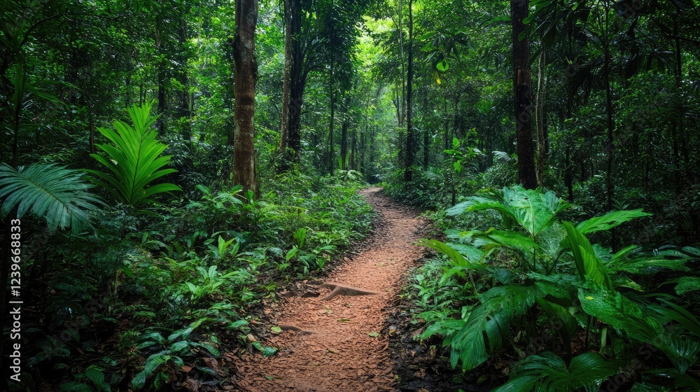 Poster a trail through a dense, vibrant forest showcases a beautiful array of vegetation, highlighting the 