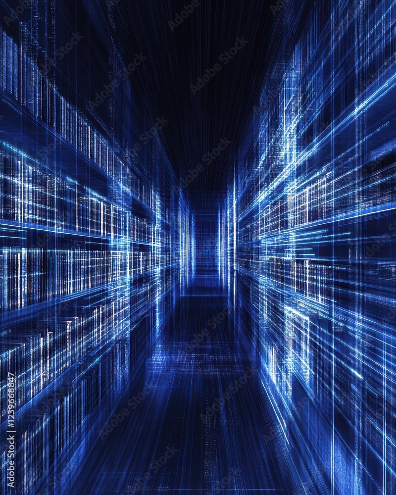 Poster digital data corridor: a visualization of infinite information and technological advancement.